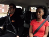 Natural busty ebony fucks instructor in his car